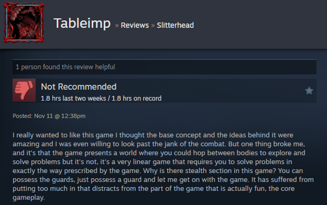 Screenshot showing a Steam user review of Slitterhead.